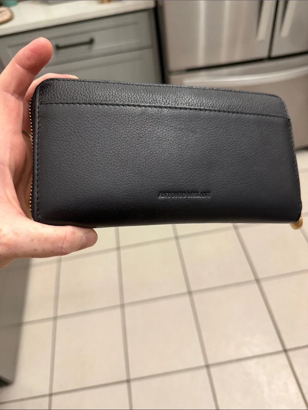 NWOT ANTONIO MELANI Black Pebbled Zip-Around Wallet with Gold Trim